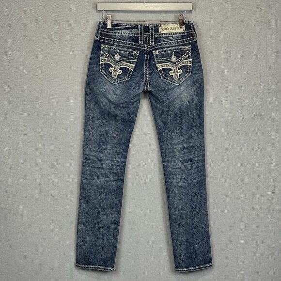 Rock Revival Jeans Womens 27 Blue Esther Cuff Straight Stretch Distressed Denim - Picture 1 of 13